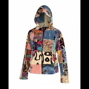 Y2K Patchwork Hoodie Jacket Boho Grunge Hippie Indie Zip Up Womens L Cotton